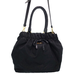 Prada Tessuto Bow Satchel black nylon bag braided leather handles Black